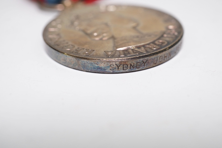 Four ERII service medals; Imperial Service medal to Alexander Manuel, another to Sydney John Jeffery (Technician Class IIA, Telecommunications Headquarters; Civil Defence Long Service unnamed; Territorial Efficiency Deco